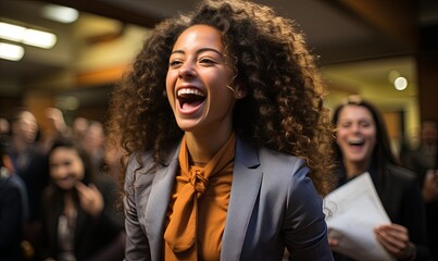 Woman With Curly Hair Laughing in Front of Group