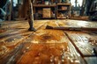 A wooden floor with a brush placed on it, showcasing DIY cleaning or maintenance activities.