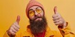 Bizarre bearded man in round glasses makes an approving gesture with hands thumbs , concept of Unconventional appearance