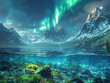 A landscape where the northern lights blend into an underwater scene teeming with glowing marine life