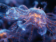 Close-ups of bioluminescent sea creatures in a deep-sea setting