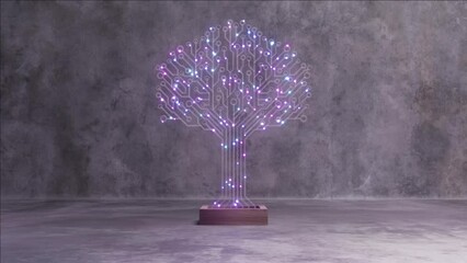 Wall Mural - This 3D animation depicts a luminous circuit tree with radiant purple and blue lights against a textured gray background.