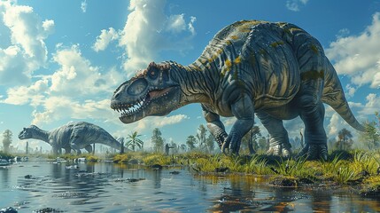 Wall Mural - Dinosaurs in the Triassic period age in the green grass land and blue sky background, Habitat of dinosaur, history of world concept