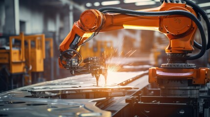 Poster -  Robot working in a factory Emphasis on presenting cutting-edge technology and the impact of robots on human work 
