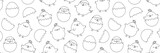 Fototapeta Pokój dzieciecy - Easter chicken seamless pattern, chick egg background, thin line art, funny baby bird outline design, cute little animal print. Cartoon black and white vector illustration