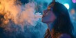 A woman exhales vapor from an electronic hookah, illustrating the modern vaping concept. Concept Lifestyle, Technology, Vaping Culture, Social Trends, Health and Wellness