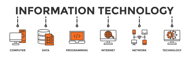 Information technology banner web icon illustration concept with icon of computer, data, programming, database, internet, network, and technology