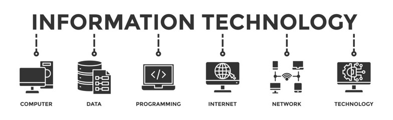 Information technology banner web icon illustration concept with icon of computer, data, programming, database, internet, network, and technology