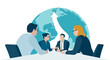 Growth. Global trade, investing. The business team sits at a table and rising arrow pointing upwards to a globe. Business vector illustration.
