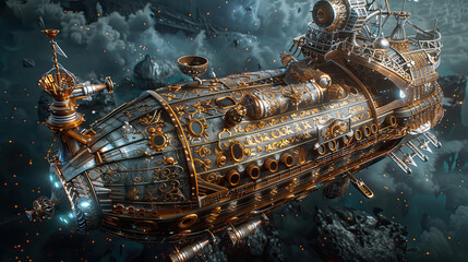 Wall Mural - Illustration of a steampunk ship.