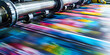 Roll offset print machine in a large print shop for production,Modern printing press produces multi colored printouts accurately.
