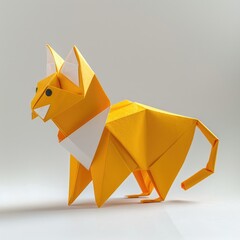 Wall Mural - A yellow origami cat standing on a white surface. Origami craft, greeting card design element,