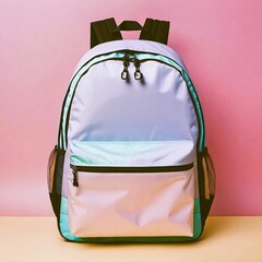 colorful school backpack on pink background, concept of back to school