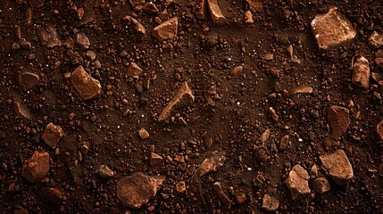 Sticker - Textured soil surface with rocks and pebbles for background use. natural brown earth tones, close-up view. perfect for gardening and landscape design projects. AI