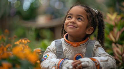 A young girl dressed as an astronaut playing with toys that break gender stereotypes