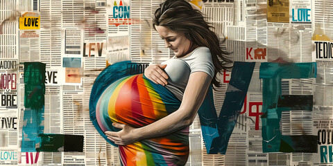 Wall Mural - Graffiti, collage of grunge newspapers and multicolored painting splash, illustration of a pregnant caucasian woman for peace and love, urban graphic artwork, street art, mixed media