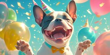 A Cute Boston Terrier Dog Wearing A Party Hat Is Surrounded By Colorful Balloons And Confetti, Celebrating Its First Birthday With Joyous Smiles On Its Face. 