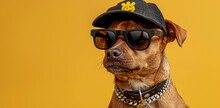 A Cute Brown Dog Wearing Black Sunglasses, A Gold Chain Necklace And A Cap