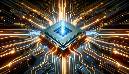 Poster - A glowing CPU at the center of a pulsating circuit board with electric currents.