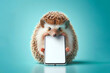 hedgehog with smartphone mockup white screen on his back on solid color background. ai generative