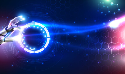 Poster - Futuristic technology robot hand touching on HUD digital display big data network connection, Science and artificial intelligence technology, innovation, AI, Machine learning. Technology Vector EPS10.