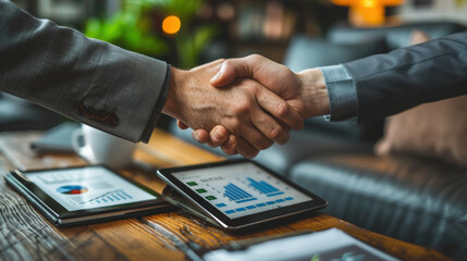 Two People Shaking Hands Over a Tablet on a Table