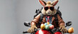 Dwarf rabbit greets with his hand saying goodbye mounted on a bike  rabbit drives with scarf and rainbow colors on a windy day and at high speed generative by ai...