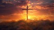 Wooden cross religious symbol A humble wooden cross standing against a serene sunset symbolizing faith and resilience in spirituality