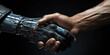 Handshake between robot and human on black background. Concept of technology development, artificial intelligence, partnership, cooperation
