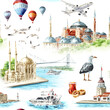 Travel to Istanbul Seamless pattern, Hand  drawn watercolor illustration isolated on white background