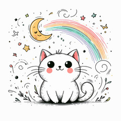 Wall Mural - cute cartoon vector kitty cat with a smile and rainbow