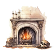 A Watercolor Painting Of A Gothic-style Fireplace With A Burning Fire, Adorned By A Skull And Old Books