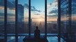 Silhouette of a man meditating in a yoga pose against a panoramic window overlooking the city