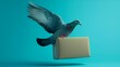 Pigeon flying out of a box, isolated on blue background