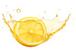 A slice of lemon in a splash of water isolated on a transparent background.