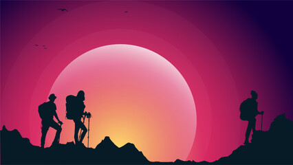 Traveler climb with backpack and travel walking sticks. silhouette of a person in the mountains. A Man hiking in the mountains. a person with backpack for hiking silhouette background