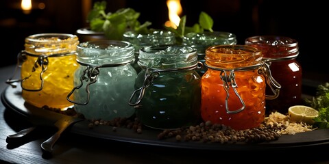 Poster - a group of jars filled with different types of food and spices next to a candle