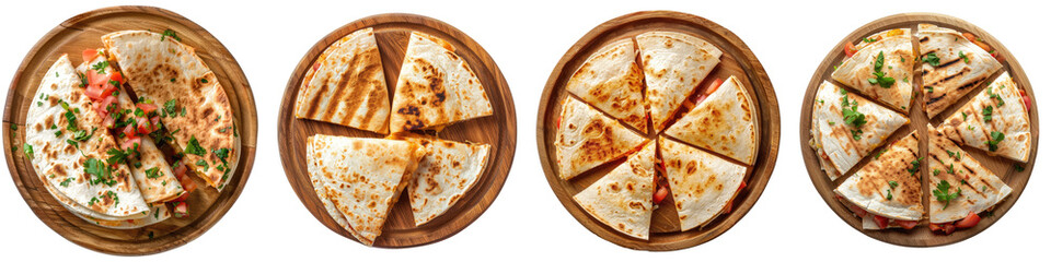 Collection of quesadilla on wooden plate, top view,  isolated transparent background