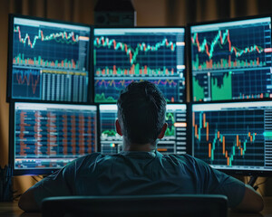 Poster - Over the shoulder view of a trader analyzing stock market data on multiple monitors