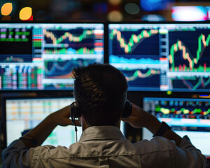 Poster - Over the shoulder view of a trader analyzing stock market data on multiple monitors