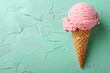 A single scoop of strawberry ice cream is melting on a waffle cone against a pastel green background, with a soft shadow underneath. Place for text