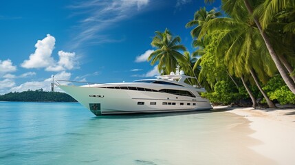 A luxurious yacht anchored in a tropical beach with clear blue ocean