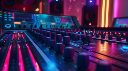 Wall Mural - Audio mixing console. Contemporary control desk in a music recording studio illuminated with neon colors for music and sound recording