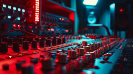 Wall Mural - Audio mixing console. Contemporary control desk in a music recording studio illuminated with neon colors for music and sound recording