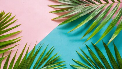 Wall Mural - tropical bright colorful background with exotic painted tropical palm leaves minimal fashion summer concept flat lay idea