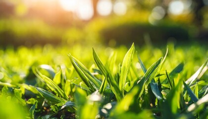 Wall Mural - a warm summer sunset garden background of a green grass lawn and foliage with a blurred background