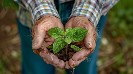 Old man hands holding a green young plant