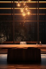 Aufkleber - a pristine wooden table with an illuminated modern interior background ai generated illustration