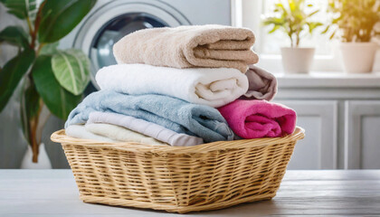 Soft and fluffy towels in a basket in a laundry room.