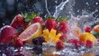 various types of fruit slices stacked with splash, fruit punch concep,generative ai,